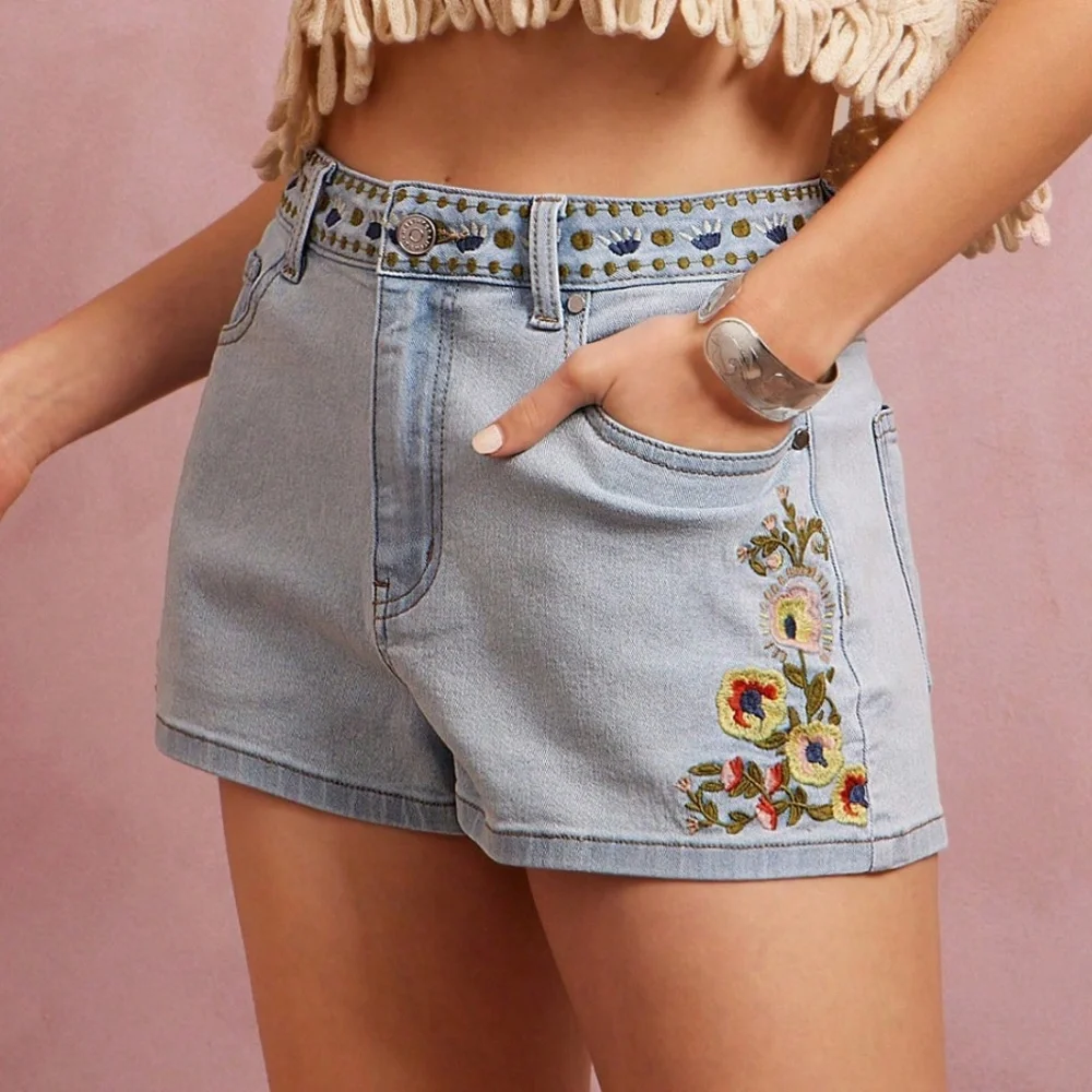 Light Wash Floral Embroidered High Waisted Denim Jean Shorts